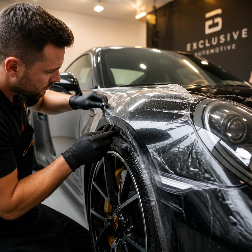 Technician installing paint protection film on a vehicle