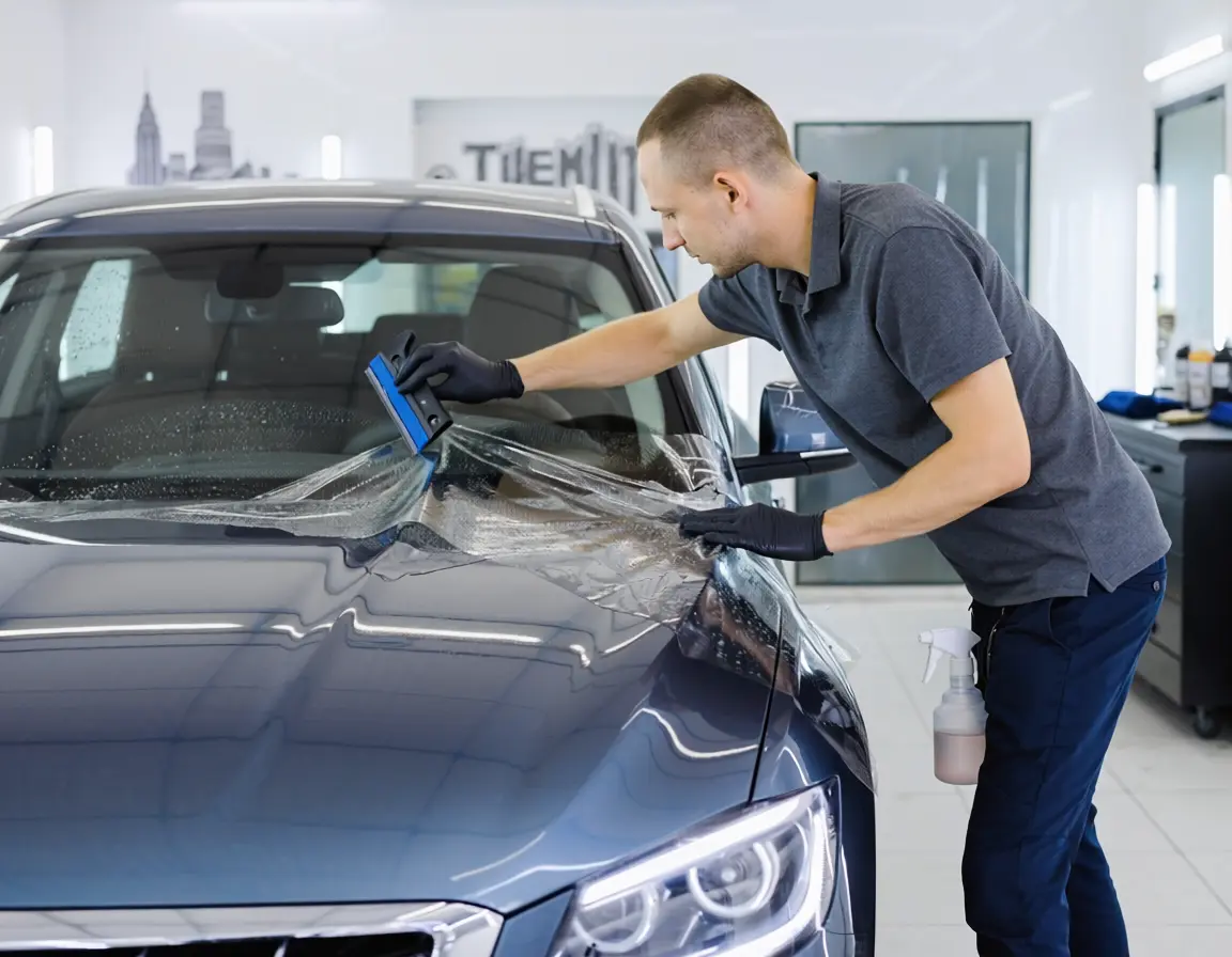 XPEL paint protection film being installed on a luxury vehicle hood