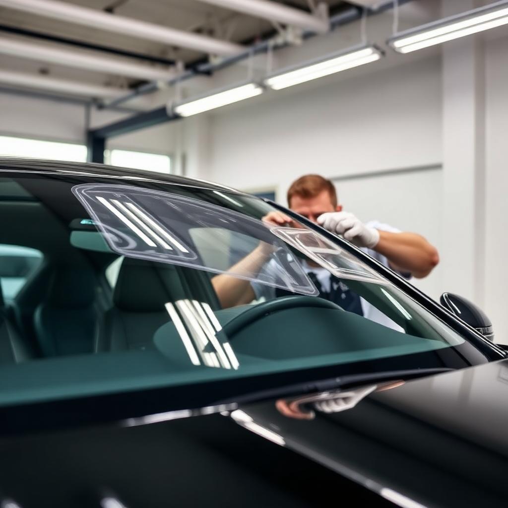 Technician applying clear windshield protection film on a luxury vehicle