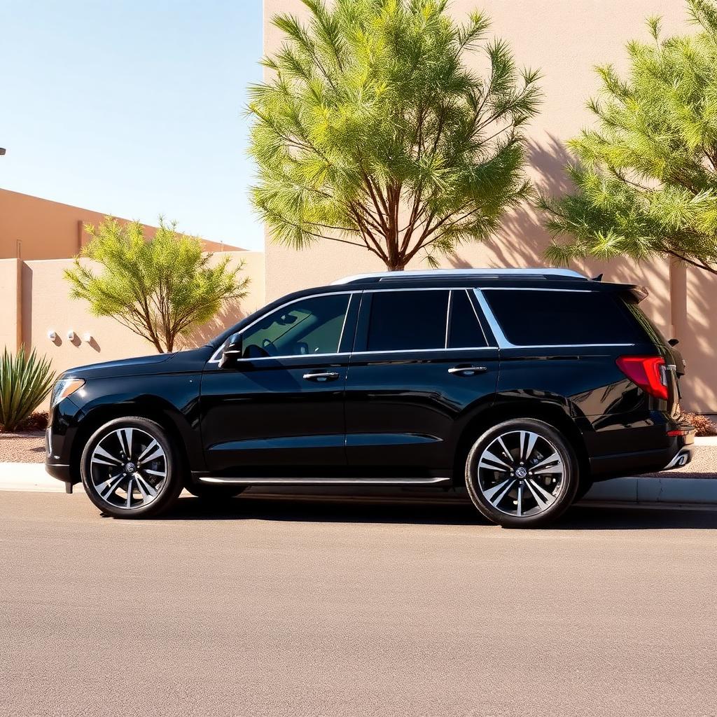 Premium black SUV with dark window tint parked in bright July sun in Tempe, Arizona