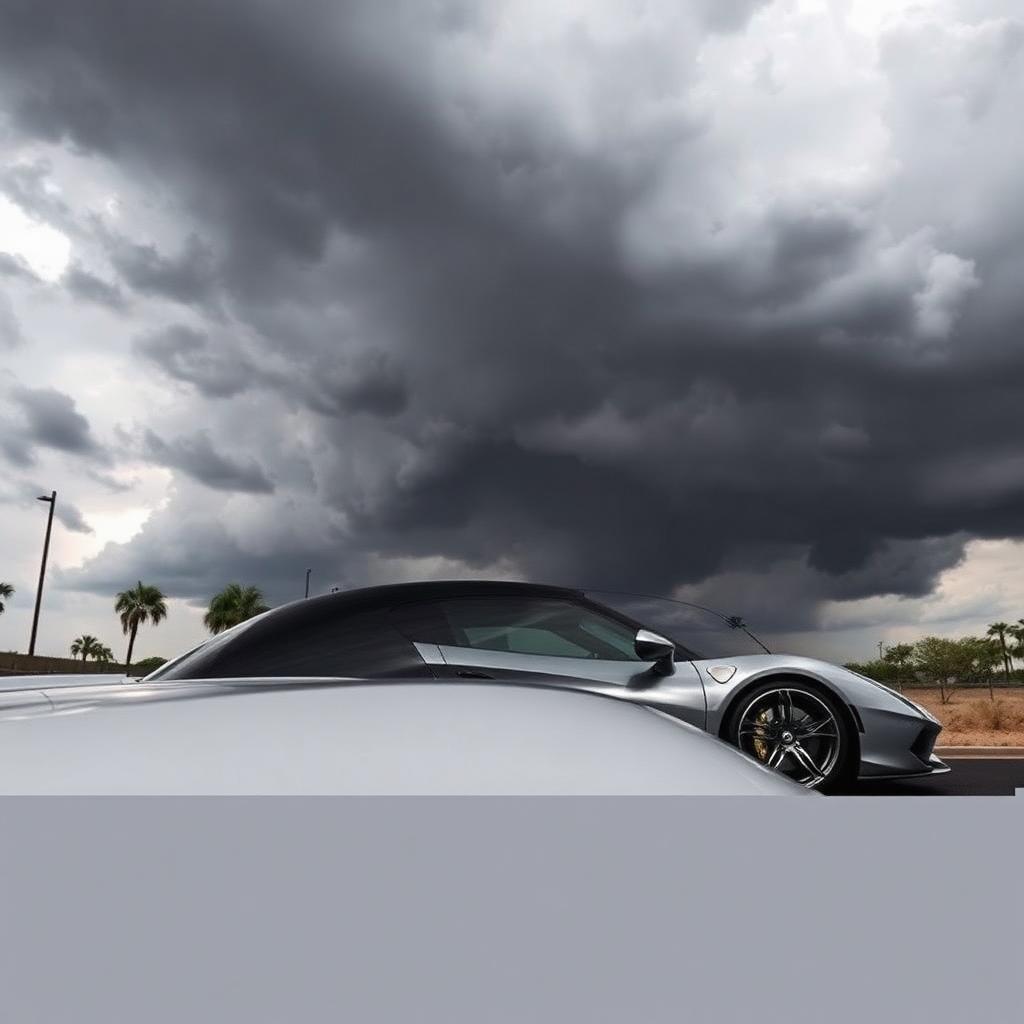 Sleek exotic car with flawless protected paint under dark July monsoon clouds in Tempe, Arizona