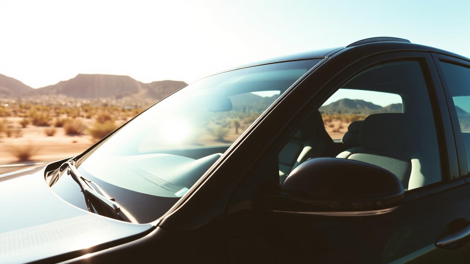 Premium black sedan with a clear protected windshield driving through Tempe, Arizona in bright August sunlight