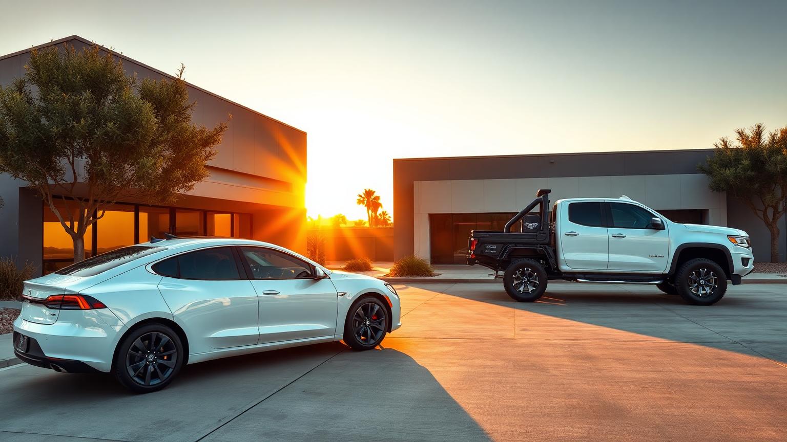 White electric sedan and premium electric truck with protected paint outside a modern Tempe auto studio at sunset