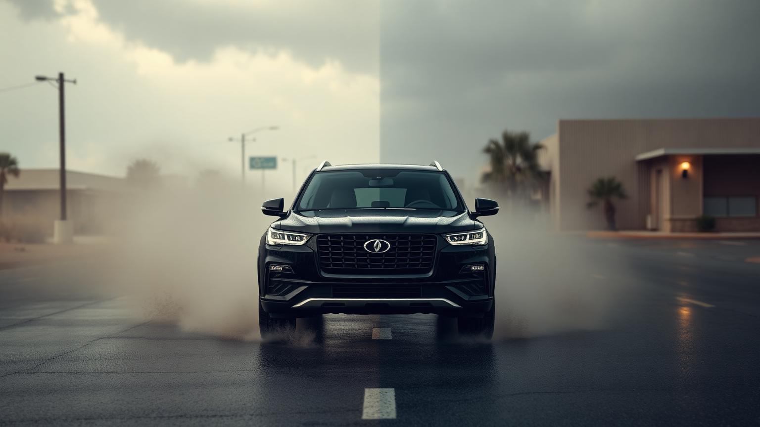 Premium black SUV shown dusty after an Arizona monsoon storm and freshly detailed with a glossy finish in Tempe