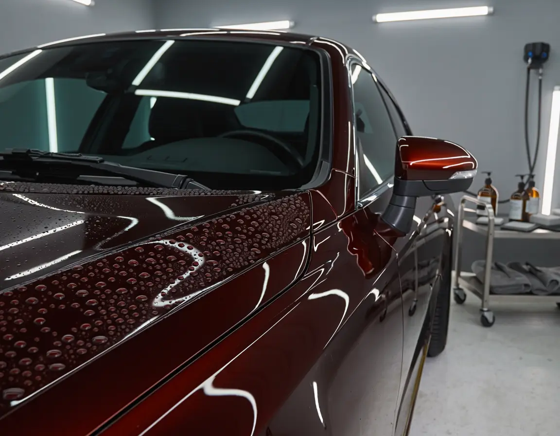 Hydrophobic water beading on a ceramic-coated dark red car