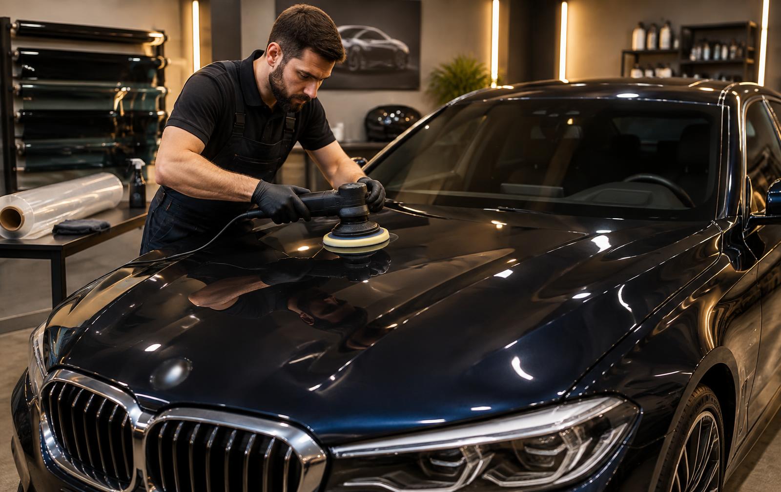 Technician polishing a dark luxury car hood during paint correction in Tempe, AZ