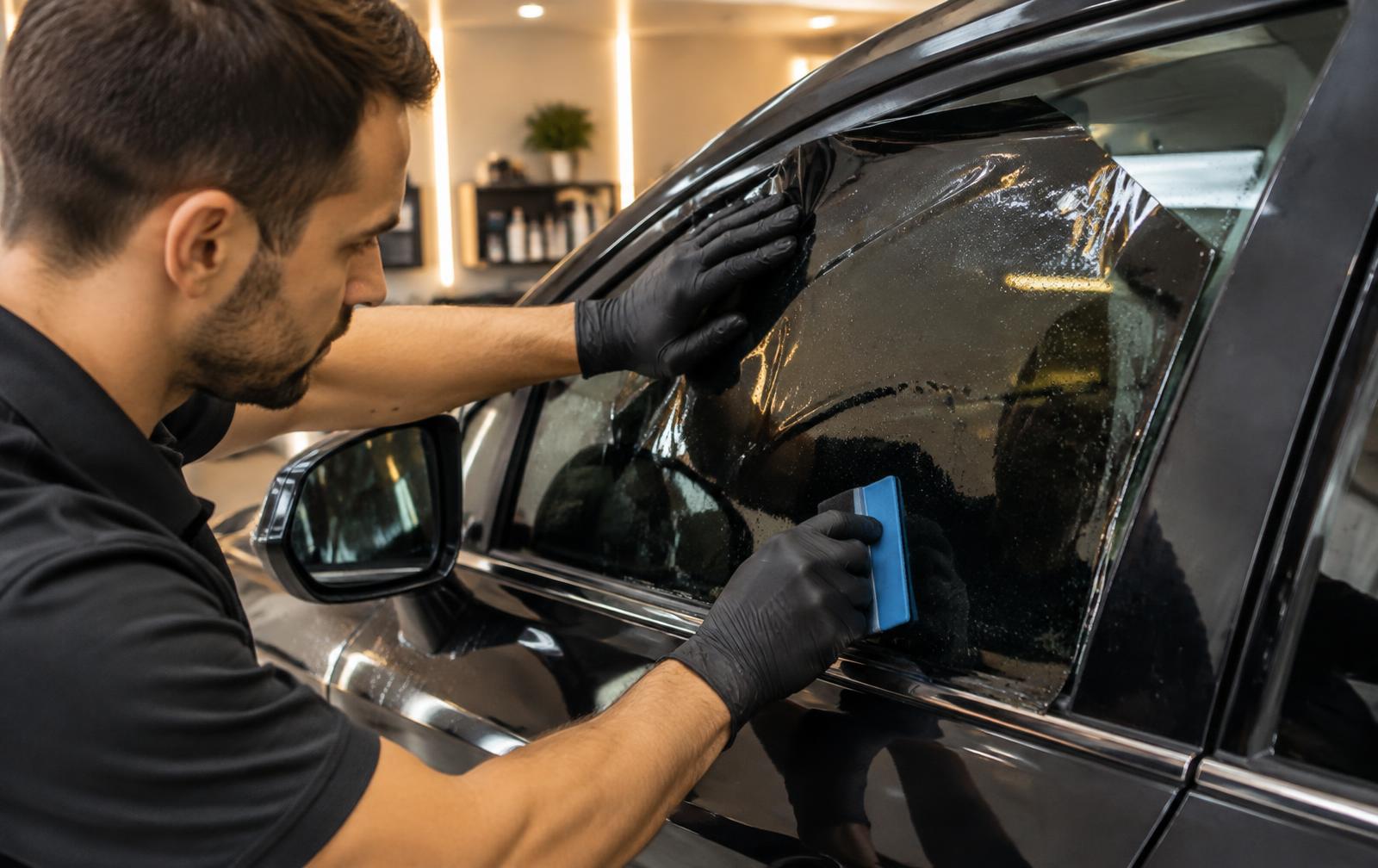Technician installing ceramic window tint on a car side window in Tempe, AZ