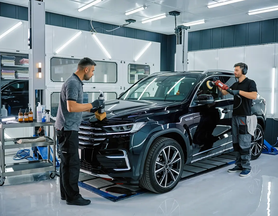 Two specialists detailing and protecting a black luxury SUV