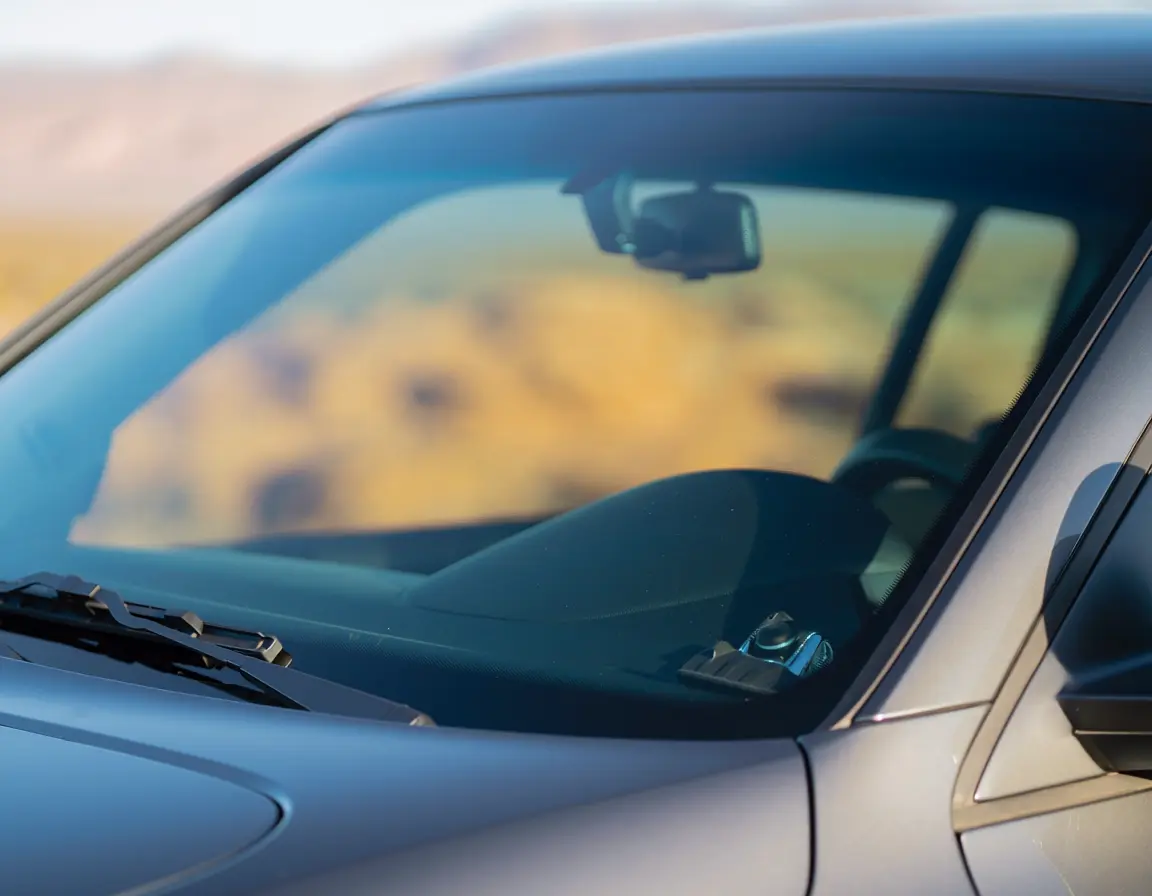 Close-up of a protected windshield reflecting Arizona desert landscape