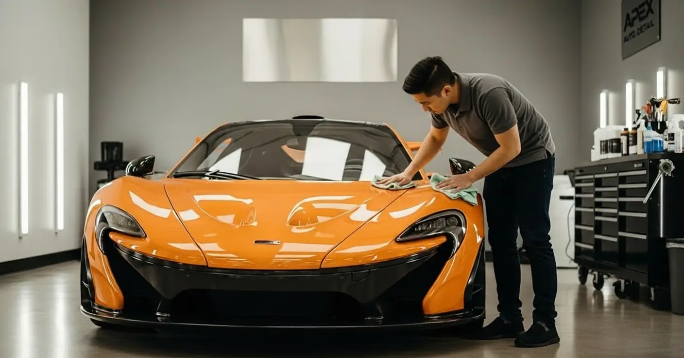 Detailer hand-polishing an orange McLaren supercar in a clean studio