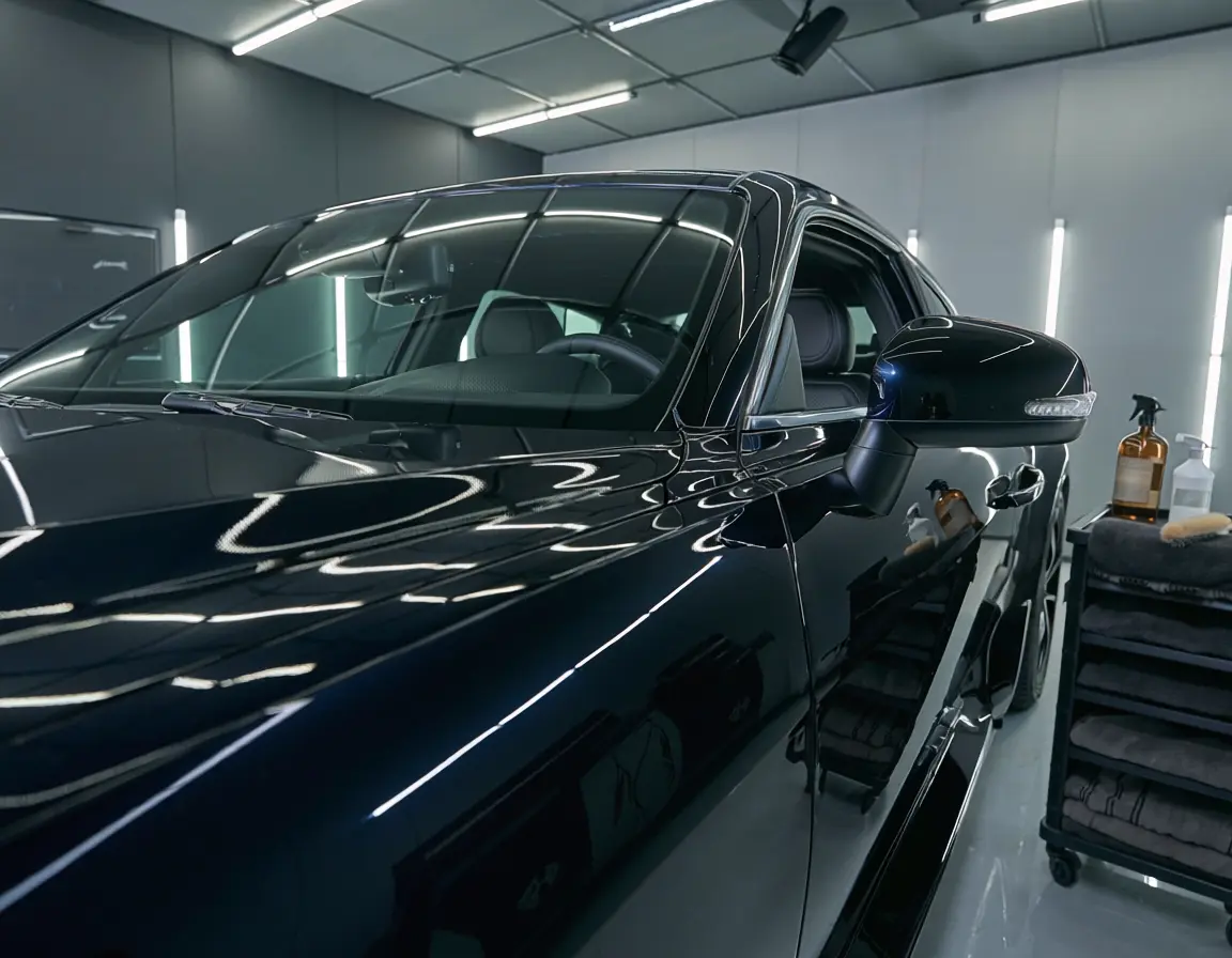 Glossy black luxury sedan parked outside a premium auto spa