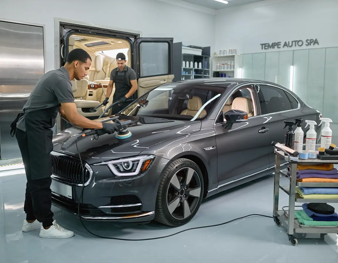 Detailers polishing a luxury sedan inside Tempe Auto Spa studio