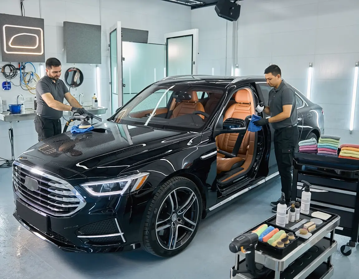 Black luxury sedan being detailed inside a modern Tempe auto spa